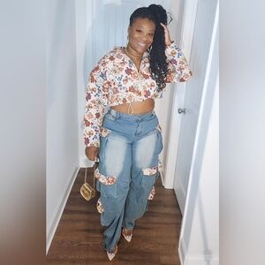 Floral Cropped Jacket and Denim Cargo Pants Set